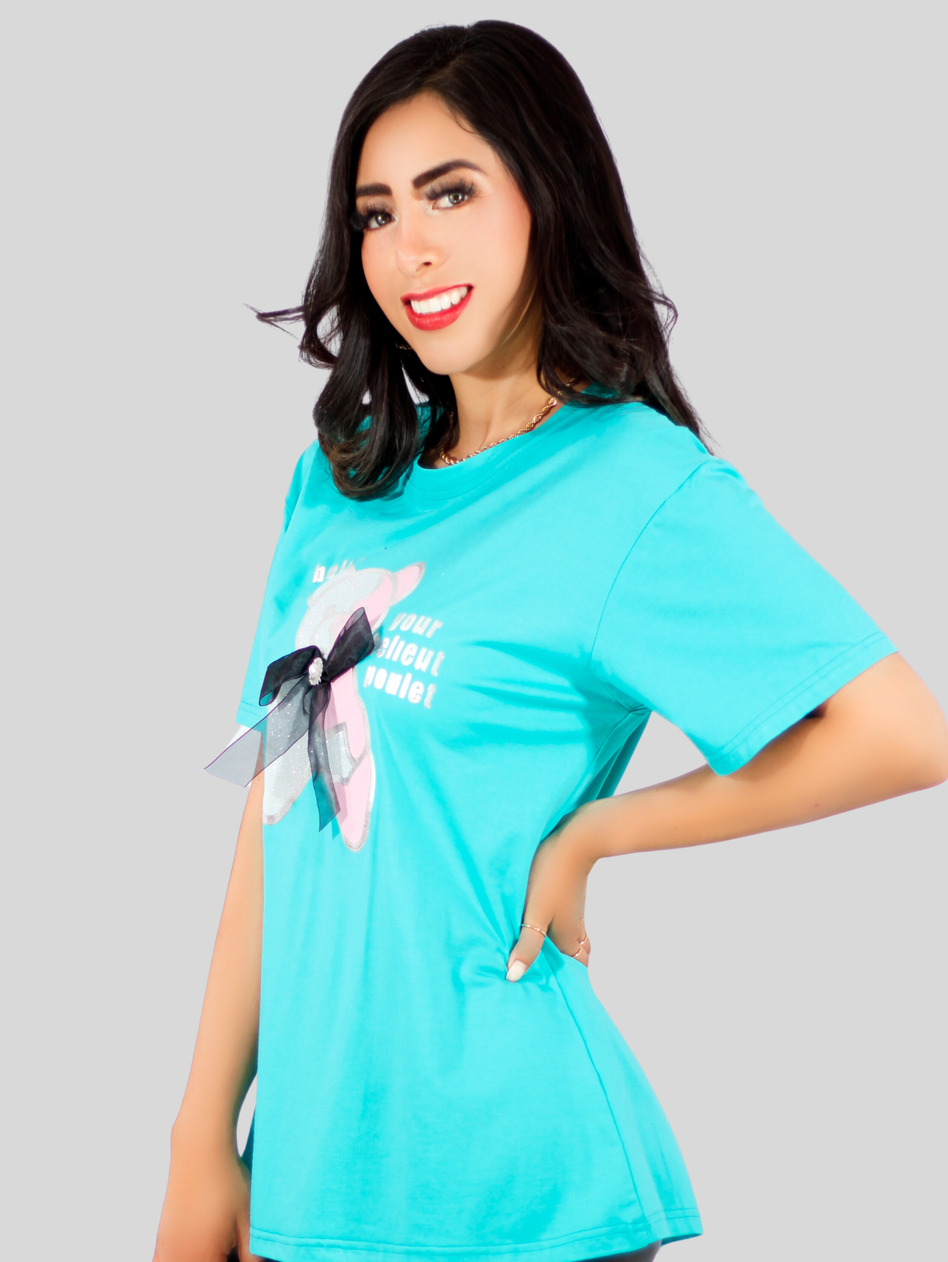 Foto 4 pulgar | Playera Oversize De Mujer Pul-1003 Color Azul Aqua Con Detalle Y Textura