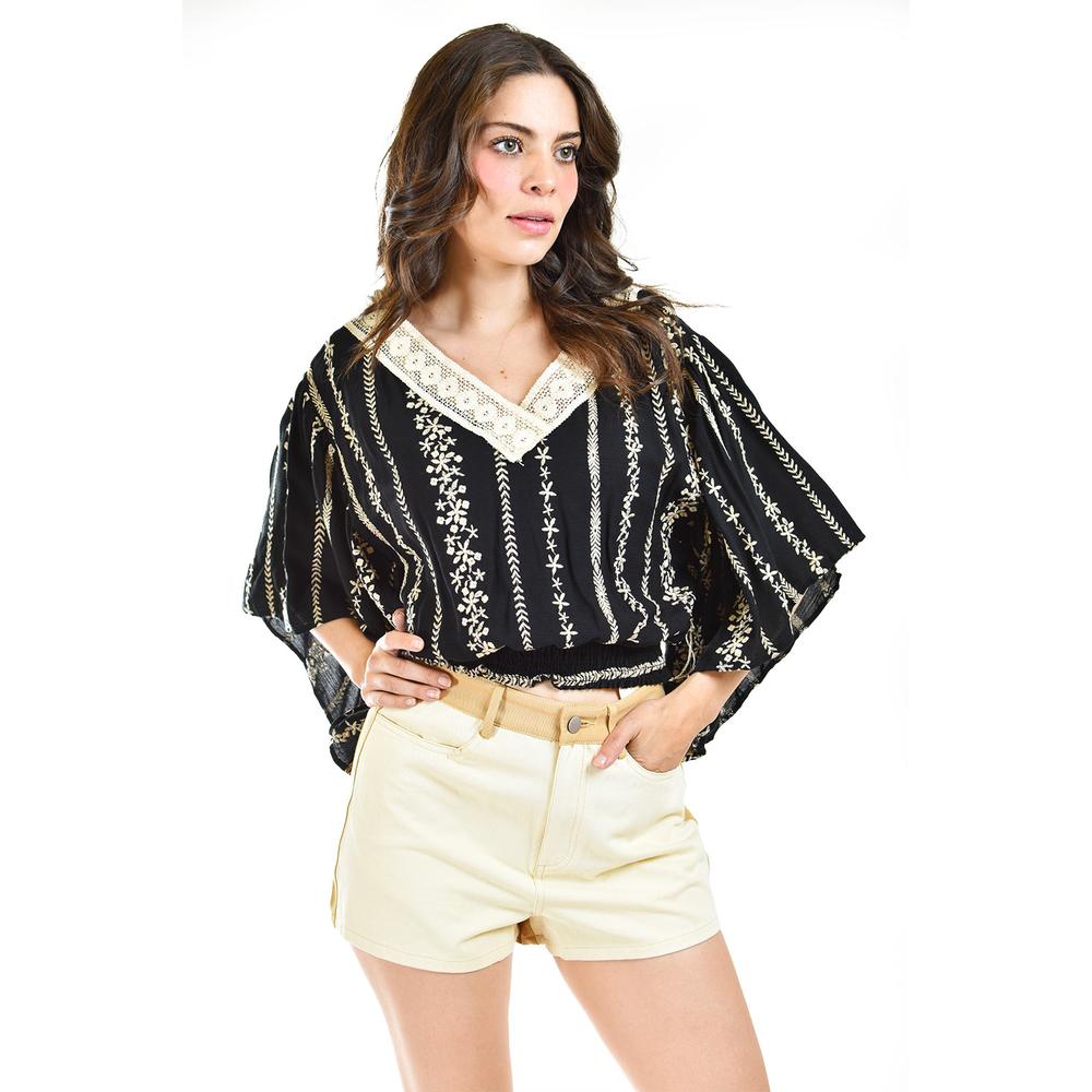 Blusa con Detalles Bordados Roman Fashion 17027 Negra para Mujer