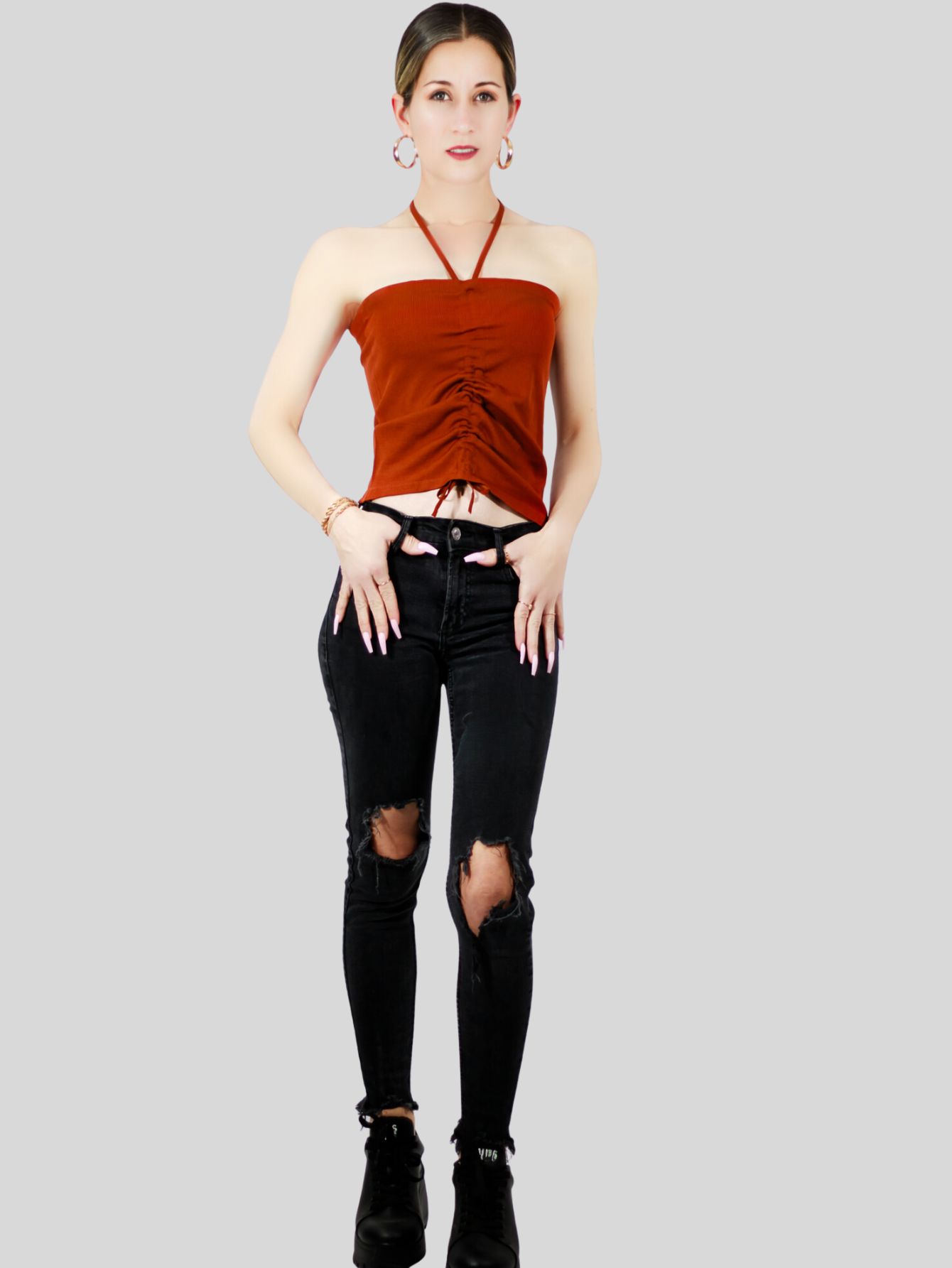 Foto 7 | Set De 2 Blusas De Tirante Para Mujer Top-1016-px2 Colores Negro Y Shedron Crop Top Stretch Canalé