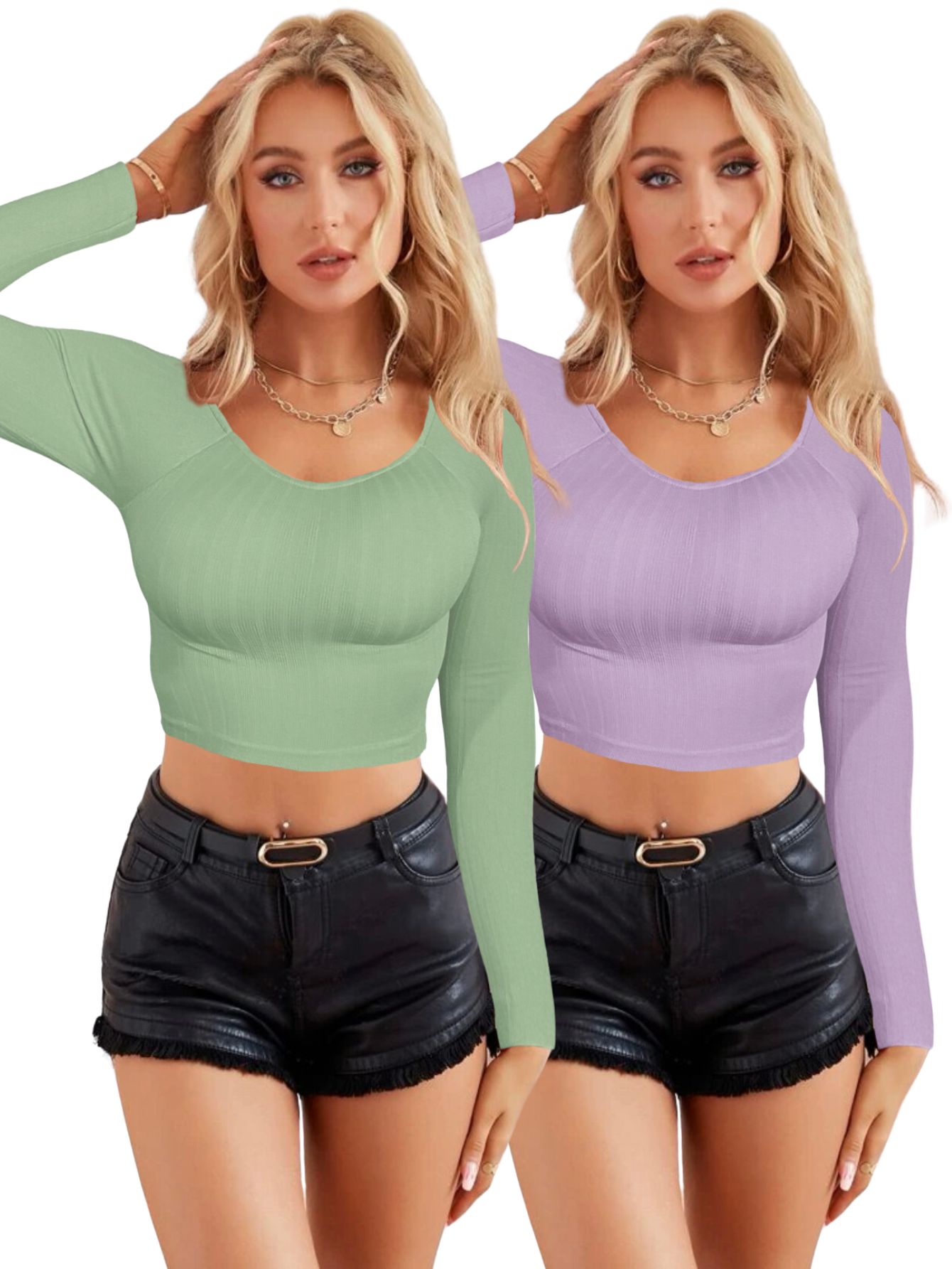 Set De Dos Blusas  Crop Top De Manga Larga Para Mujer Crop-05 Colores Variados Moda Canalé