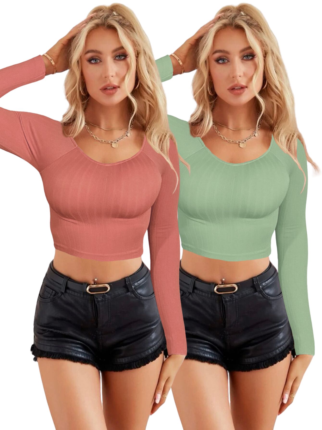 Set De Dos Blusas  Crop Top De Manga Larga Para Mujer Crop-05 Colores Variados Moda Canalé
