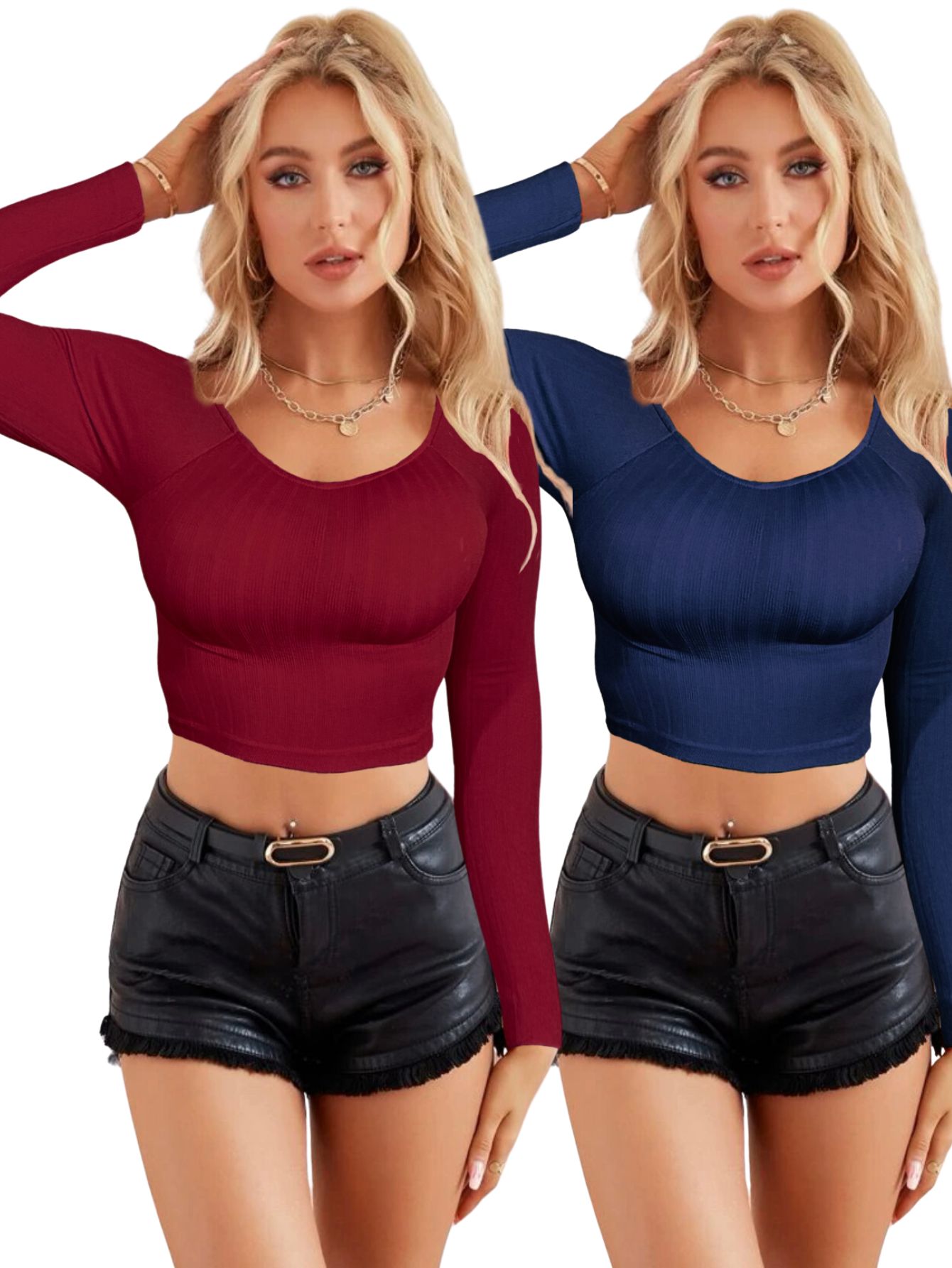 Set De Dos Blusas  Crop Top De Manga Larga Para Mujer Crop-05 Colores Variados Moda Canalé