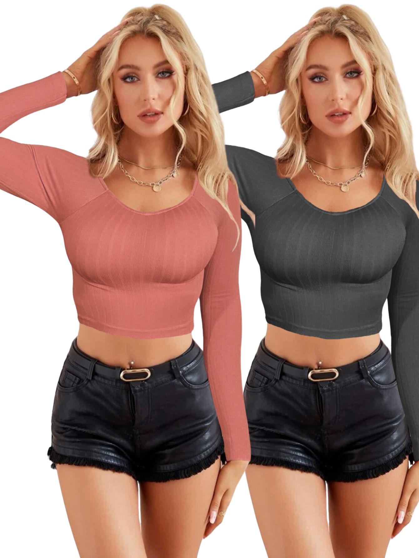 Set De Dos Blusas  Crop Top De Manga Larga Para Mujer Crop-05 Colores Variados Moda Canalé