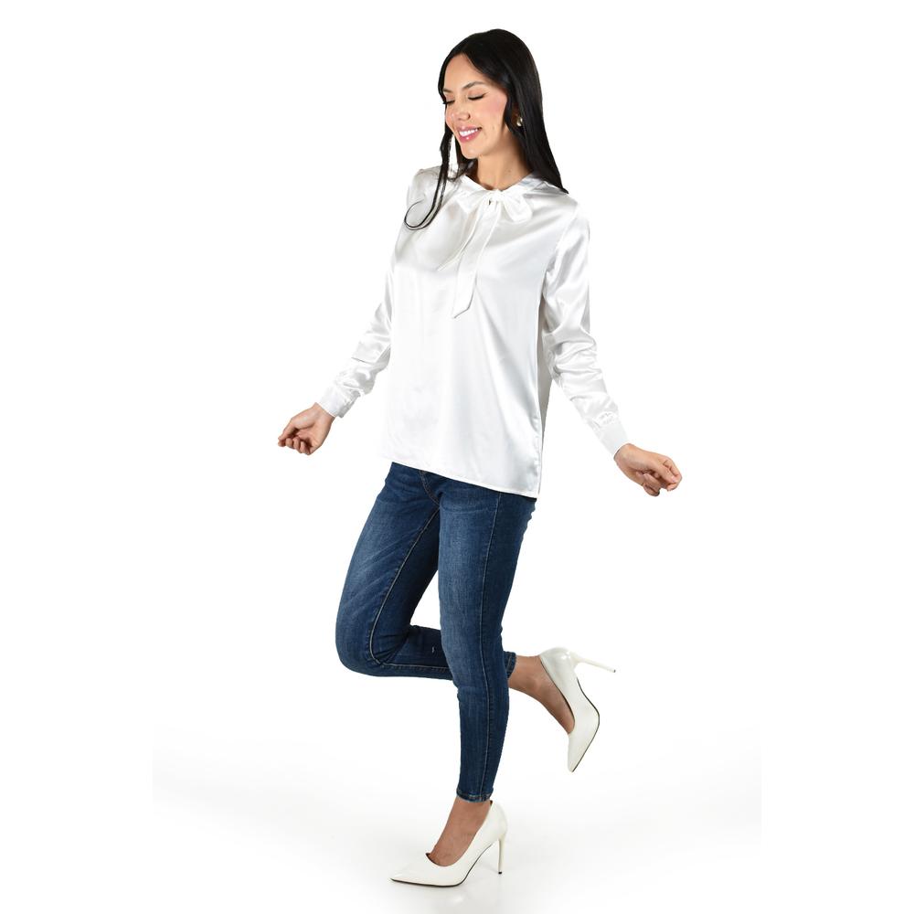 Foto 3 pulgar | Blusa de Satín con Lazo Roman Fashion Juvenil Blanca para Mujer