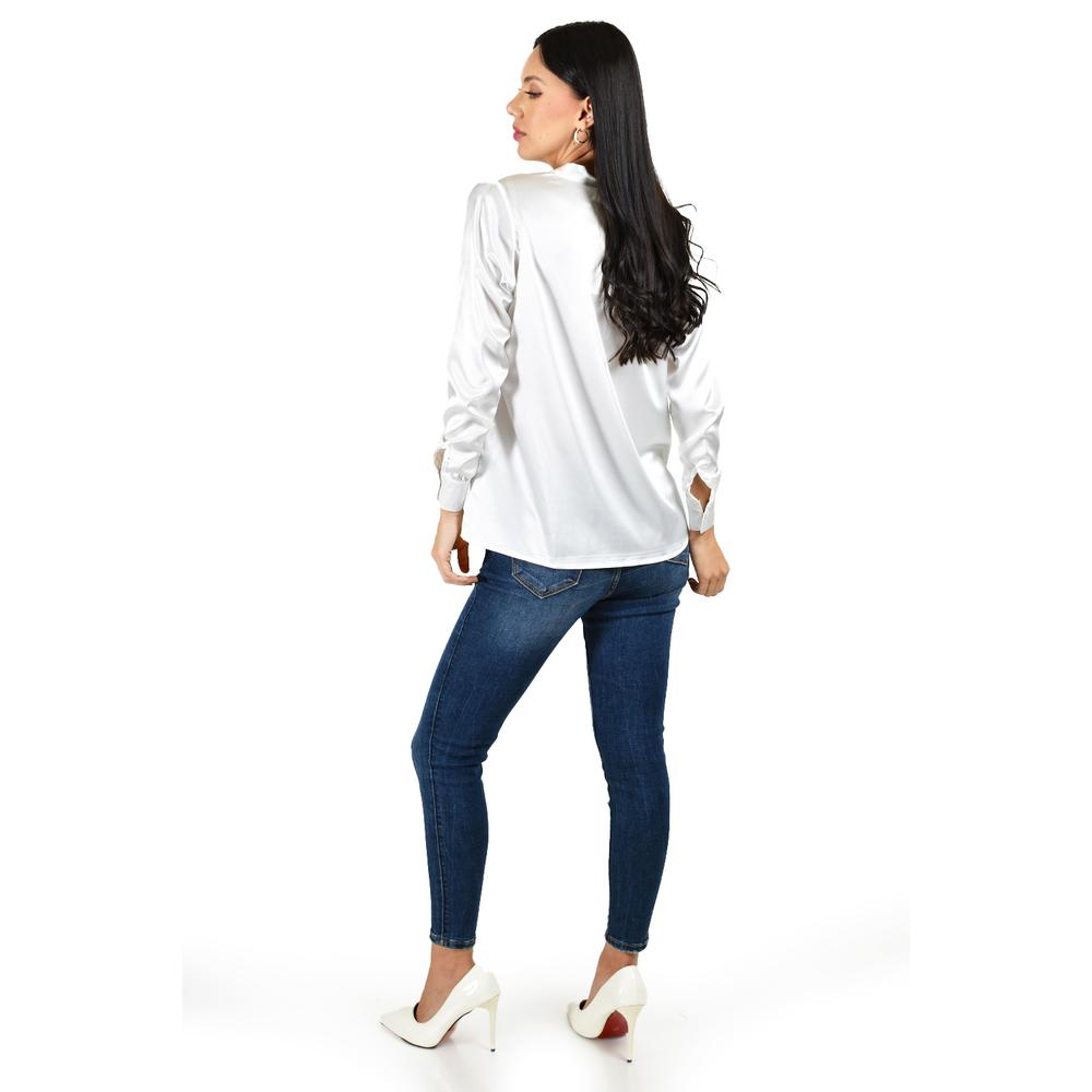 Foto 4 pulgar | Blusa de Satín con Lazo Roman Fashion Juvenil Blanca para Mujer