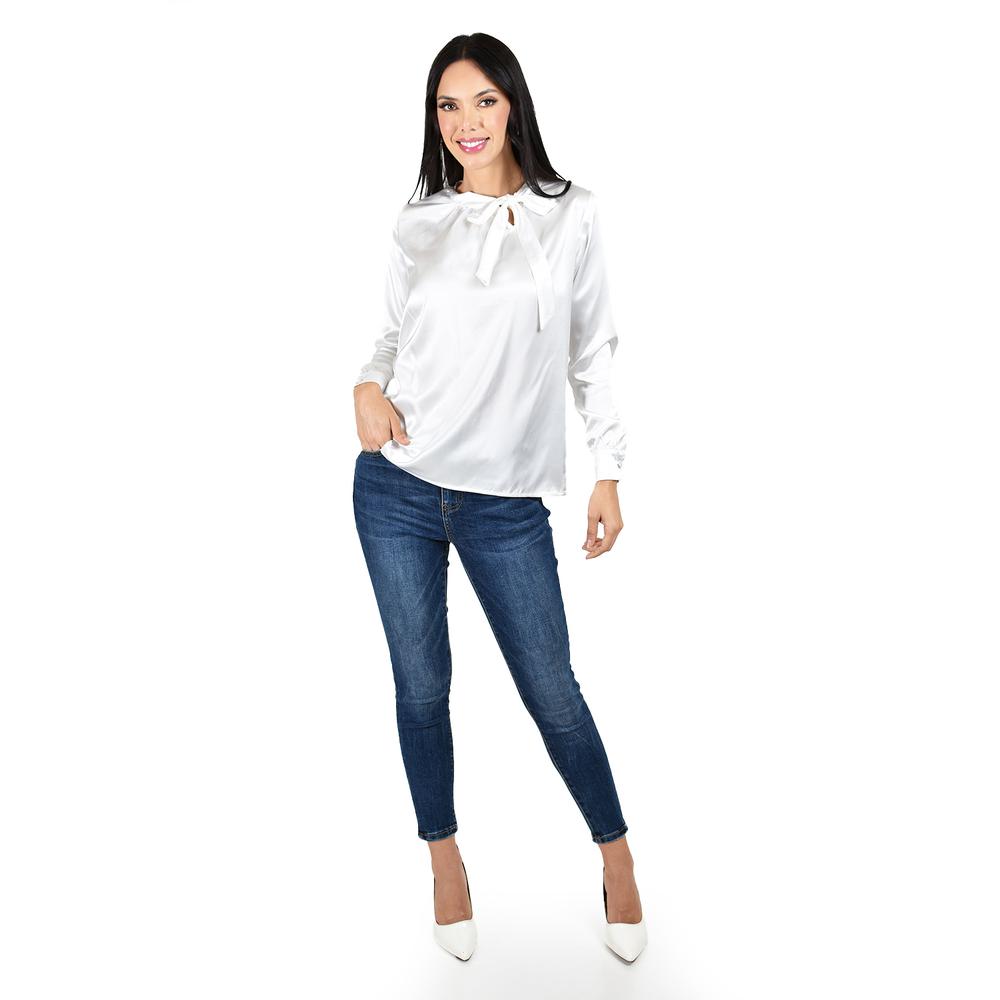 Foto 6 pulgar | Blusa de Satín con Lazo Roman Fashion Juvenil Blanca para Mujer