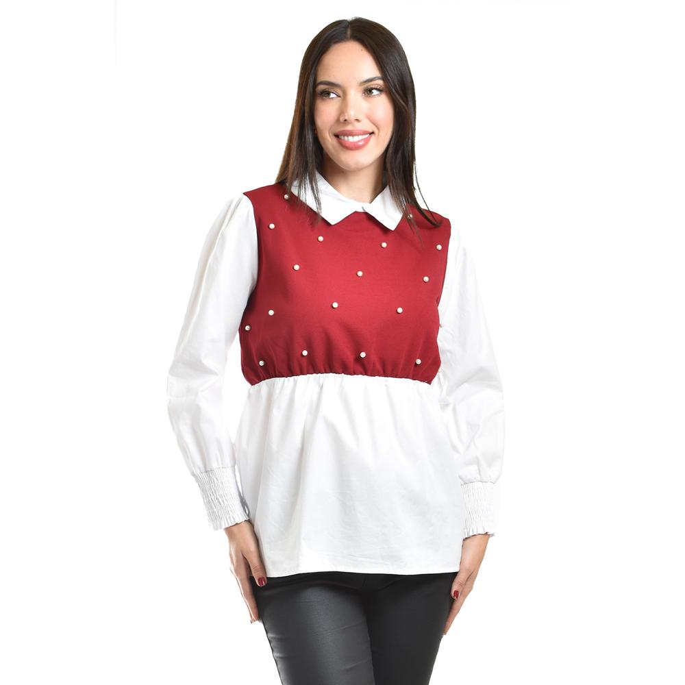 Blusa Con Chaleco De Perlas Roman Fashion /juvenil, 5102 (blanco / Vino) Vino