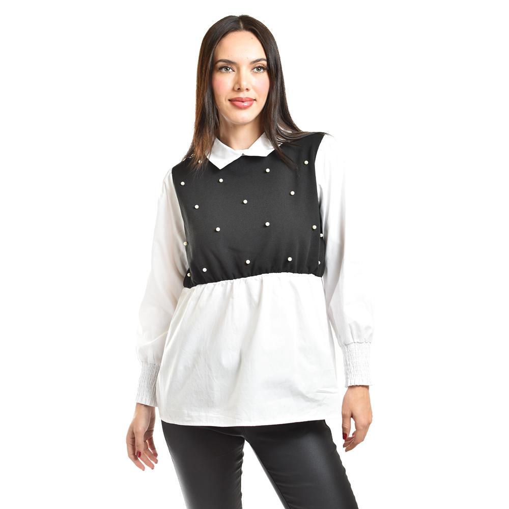 Blusa Con Chaleco De Perlas Roman Fashion /juvenil, 5102 (blanco / Negro) Negro