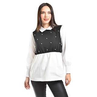 Foto 1 | Blusa Con Chaleco De Perlas Roman Fashion /juvenil, 5102 (blanco / Negro) Negro
