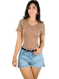 Foto 1 | Player Mujer Texturizada Casual Stretch Bl-1018 Café Claro Blusa Dama Top