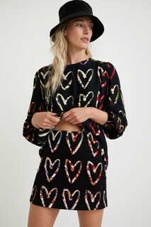 Foto 2 | Blusa Loose Color Negro Crepe Estampado Corazones Desigual