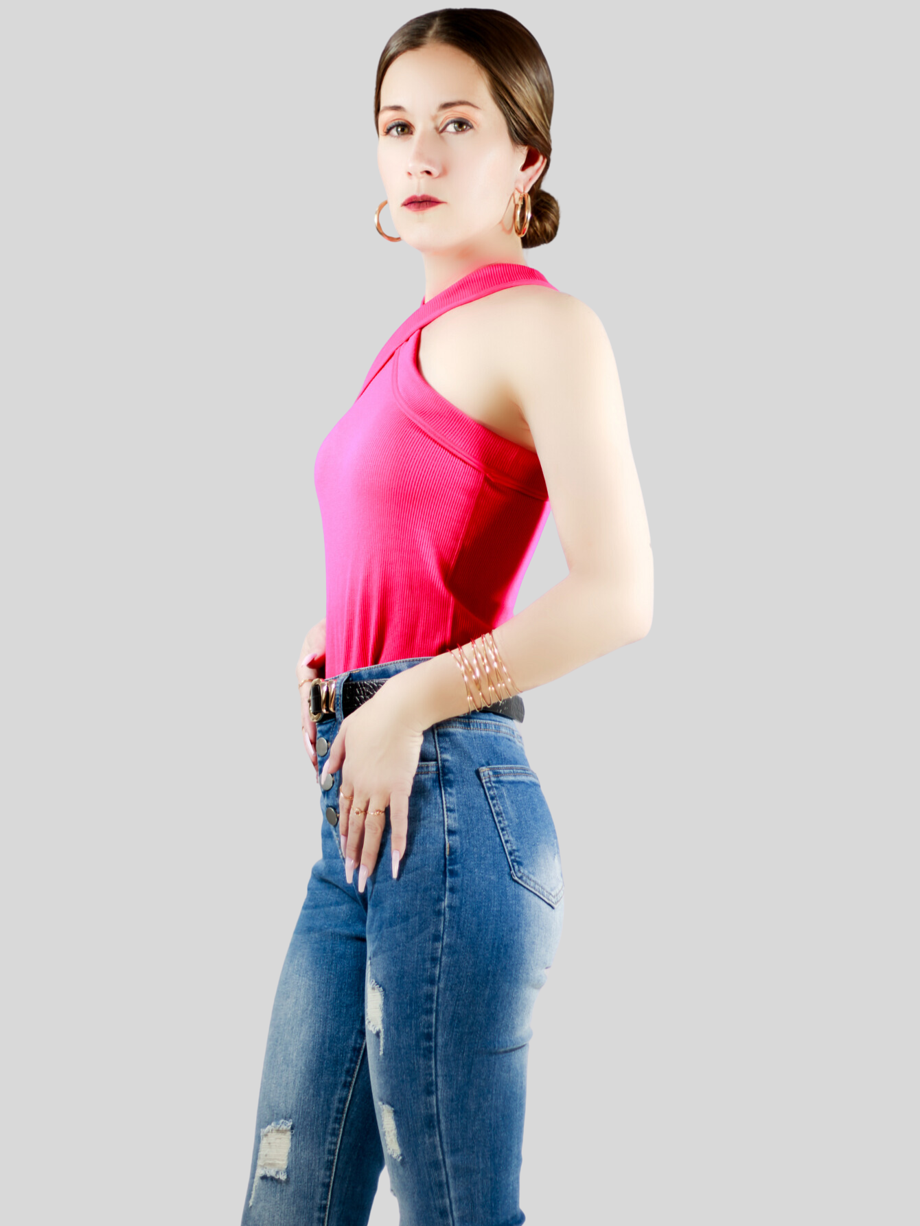 Foto 5 pulgar | Blusas Body Mujer Texturizada Casual O Elegante Crop Top Bl-1020 Fucsia Body Cuello Alto Para Mujer
