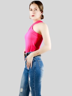 Foto 4 | Blusas Body Mujer Texturizada Casual O Elegante Crop Top Bl-1020 Fucsia Body Cuello Alto Para Mujer
