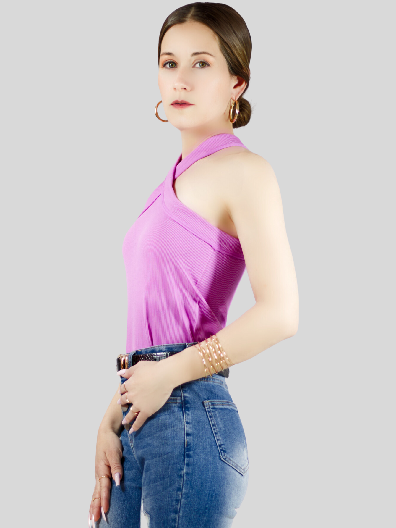 Foto 5 pulgar | Blusas Body Mujer Texturizada Casual O Elegante Crop Top Bl-1020 Rosa Body Cuello Alto Para Mujer