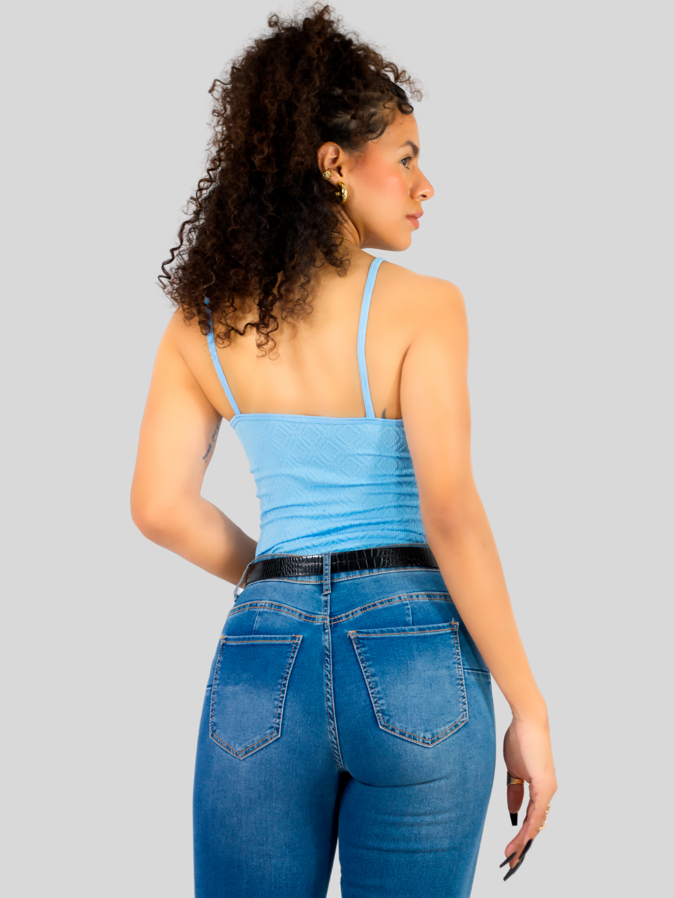 Foto 4 pulgar | Top Tank Blusa De Mujer Unitalla Canalé De Tirantes Estampado Liso Bl-1026 Azul Claro Crop Básico Varios Colores