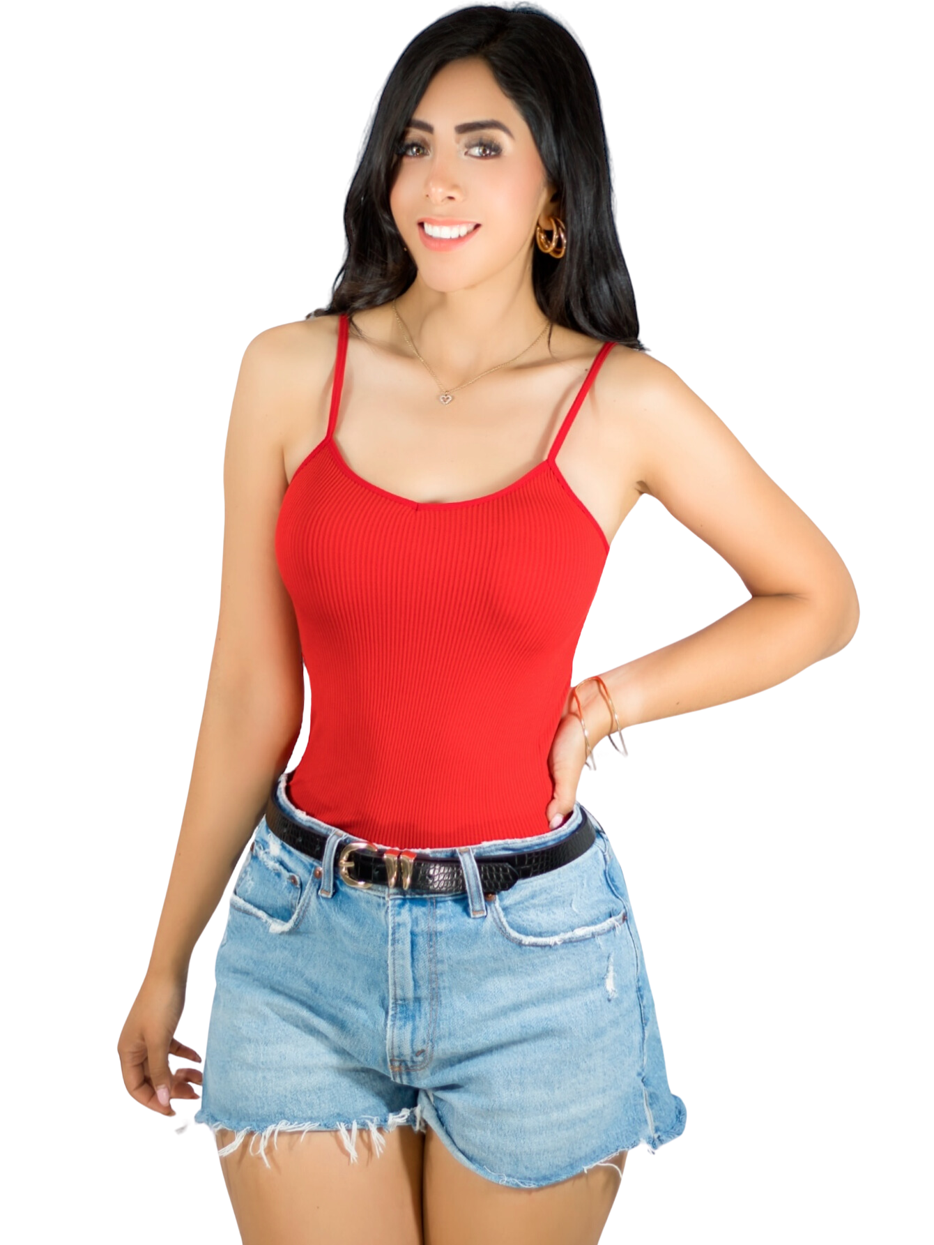 Foto 2 pulgar | Top Tank Blusa De Mujer Unitalla Canalé De Tirantes Estampado Liso Bl-1023 Rojo Crop Básico Varios Colores