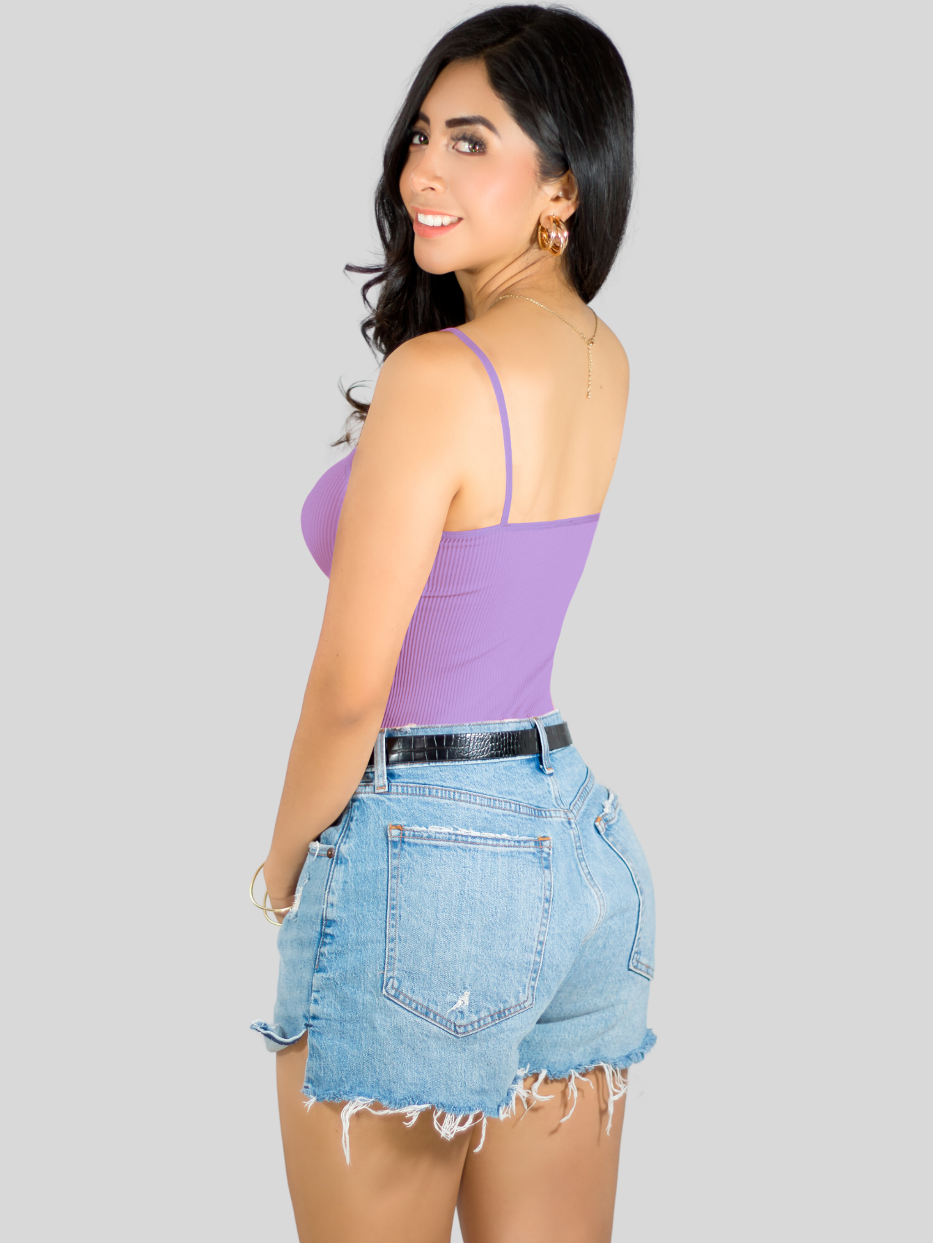Foto 4 pulgar | Top Tank Blusa De Mujer Unitalla Canalé De Tirantes Estampado Liso Bl-1023 Lila Crop Básico Varios Colores