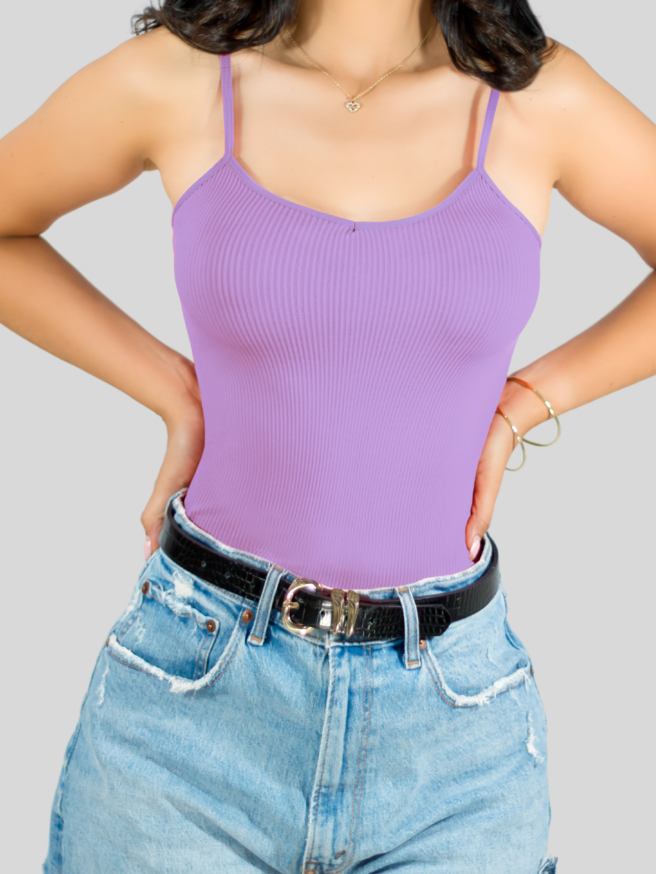 Foto 4 | Top Tank Blusa De Mujer Unitalla Canalé De Tirantes Estampado Liso Bl-1023 Lila Crop Básico Varios Colores