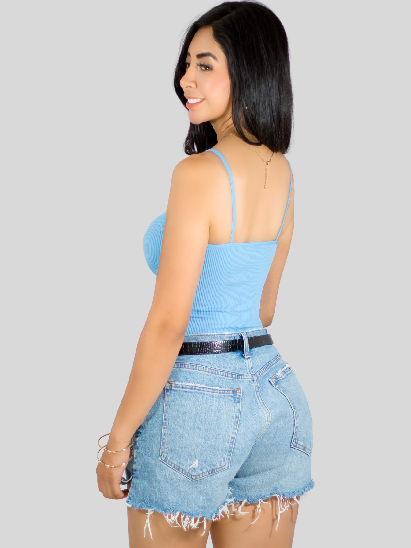 Foto 3 | Top Tank Blusa De Mujer Unitalla Canalé De Tirantes Estampado Liso Bl-1023 Azul Crop Básico Varios Colores