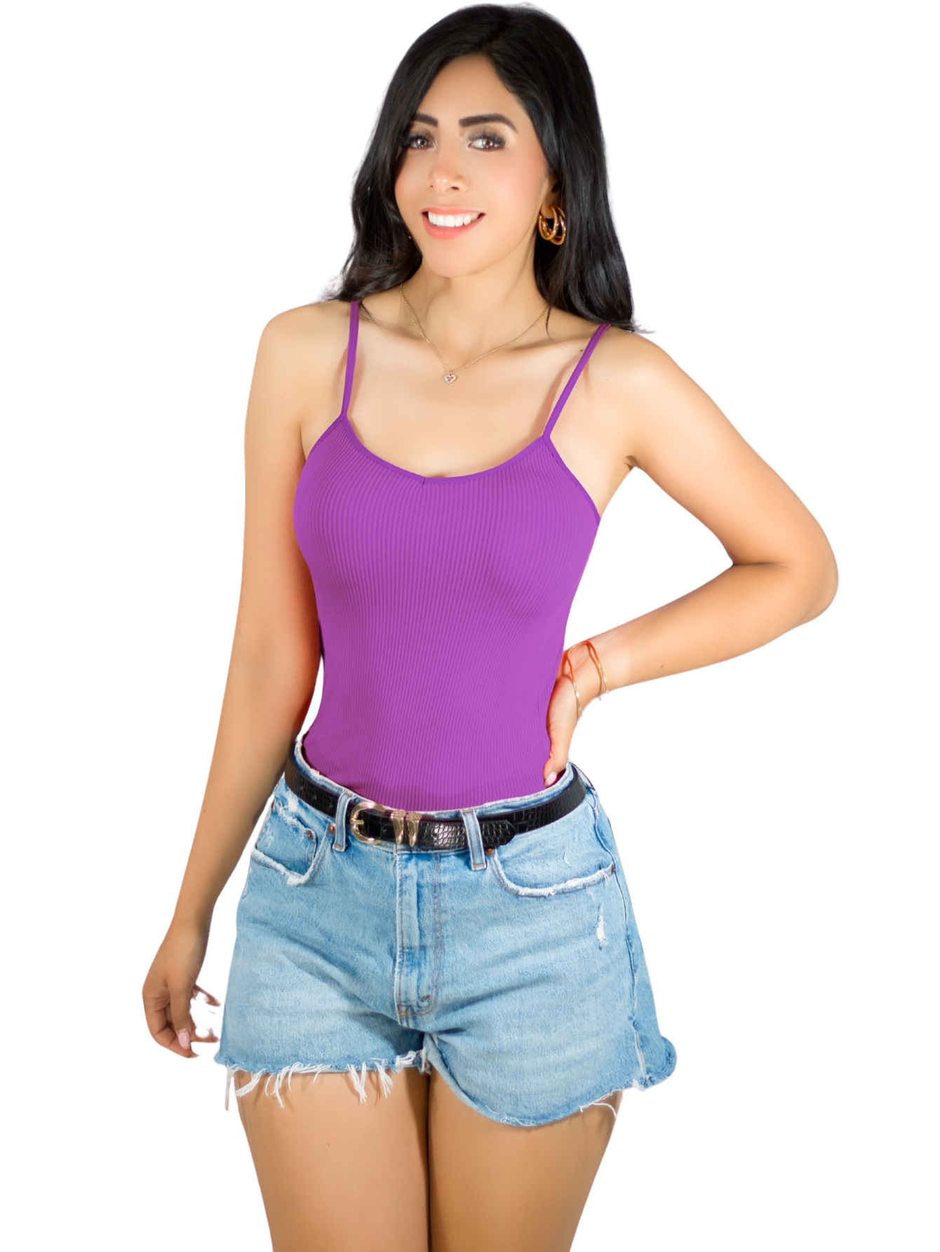 Foto 2 pulgar | Top Tank Blusa De Mujer Unitalla Canalé De Tirantes Estampado Liso Bl-1023 Violeta Crop Básico Varios Colores