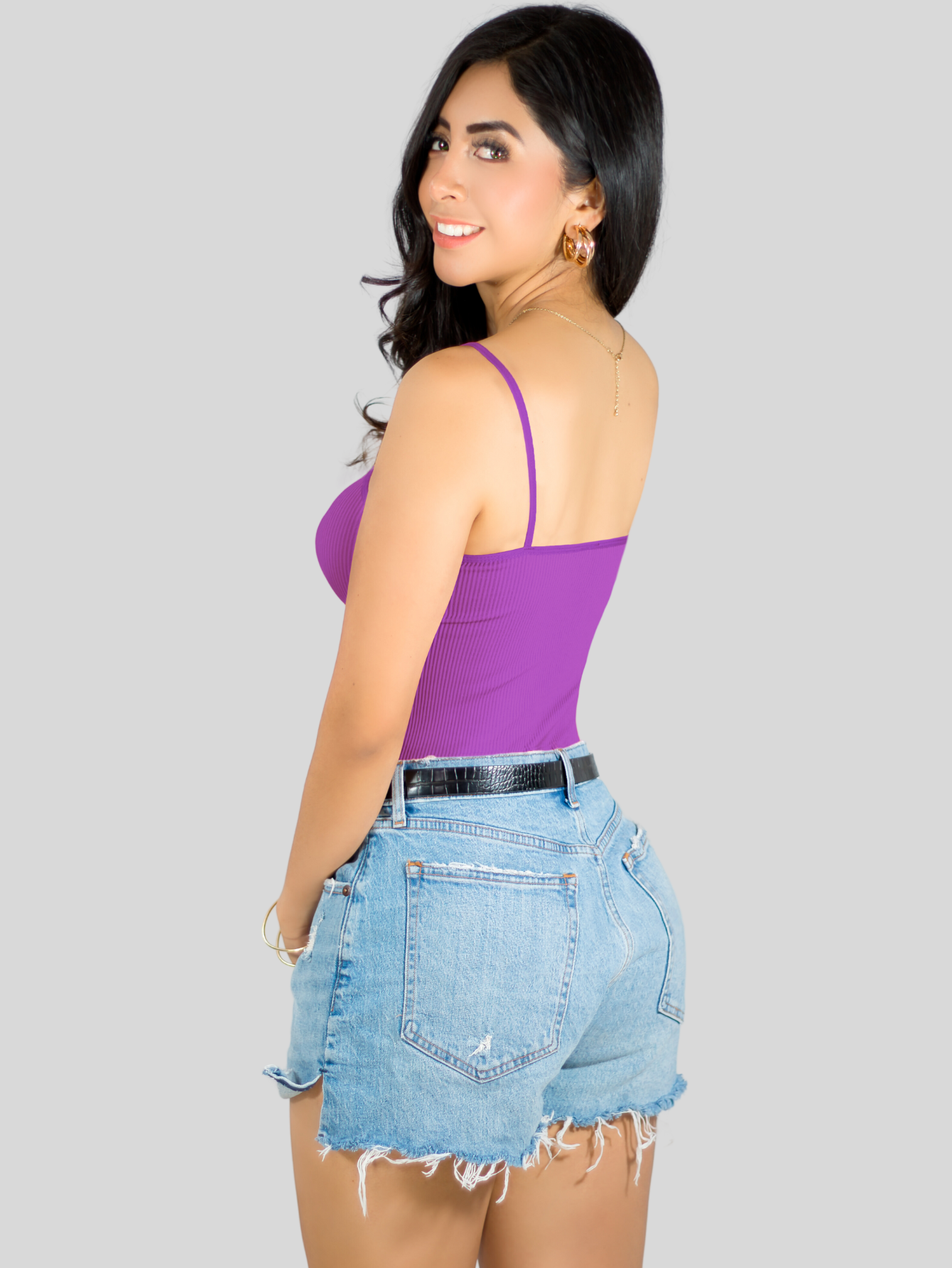 Foto 4 pulgar | Top Tank Blusa De Mujer Unitalla Canalé De Tirantes Estampado Liso Bl-1023 Violeta Crop Básico Varios Colores