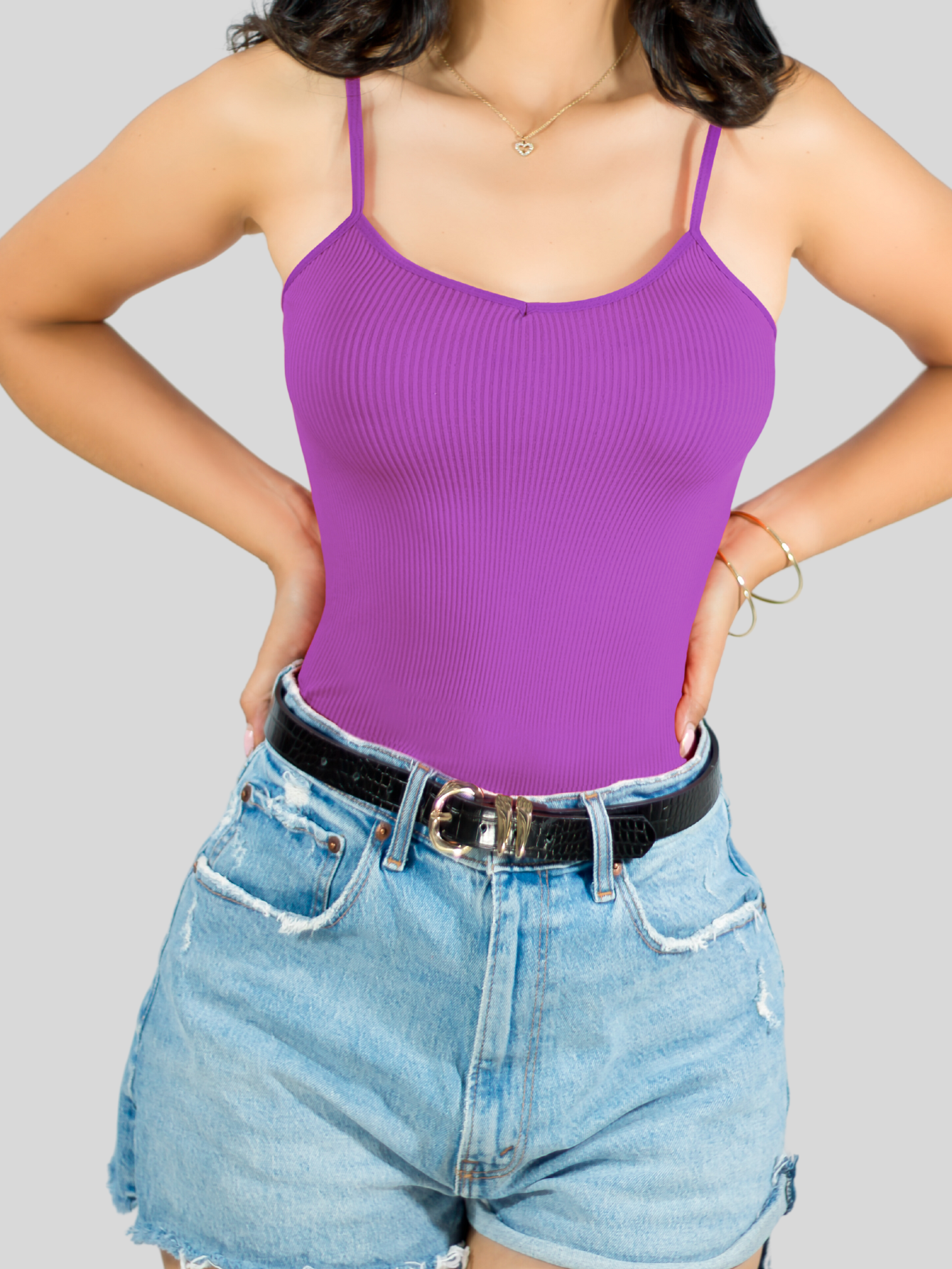 Foto 4 | Top Tank Blusa De Mujer Unitalla Canalé De Tirantes Estampado Liso Bl-1023 Violeta Crop Básico Varios Colores
