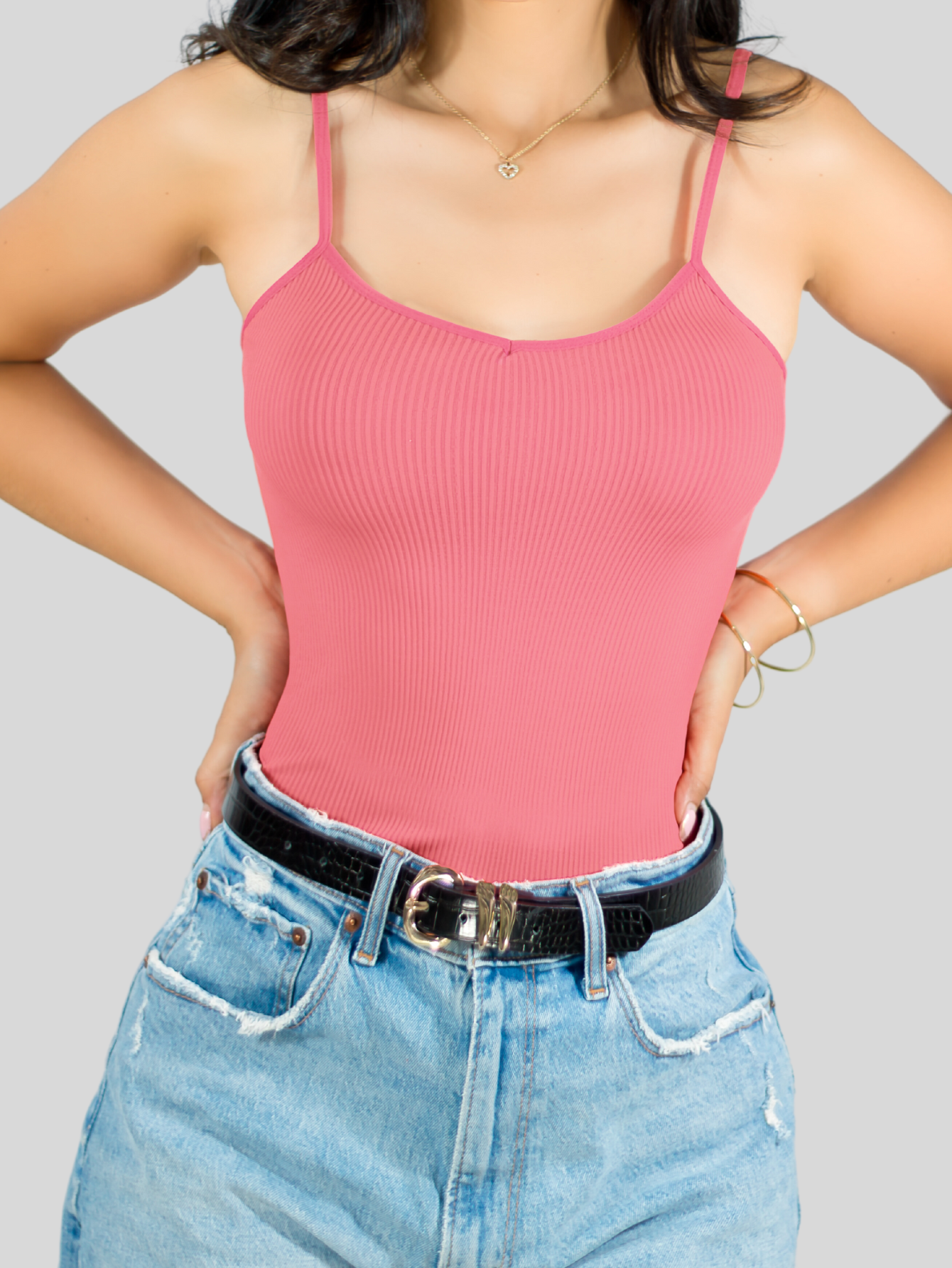 Foto 5 pulgar | Top Tank Blusa De Mujer Unitalla Canalé De Tirantes Estampado Liso Bl-1023 Rosa Chicle Crop Básico Varios Colores