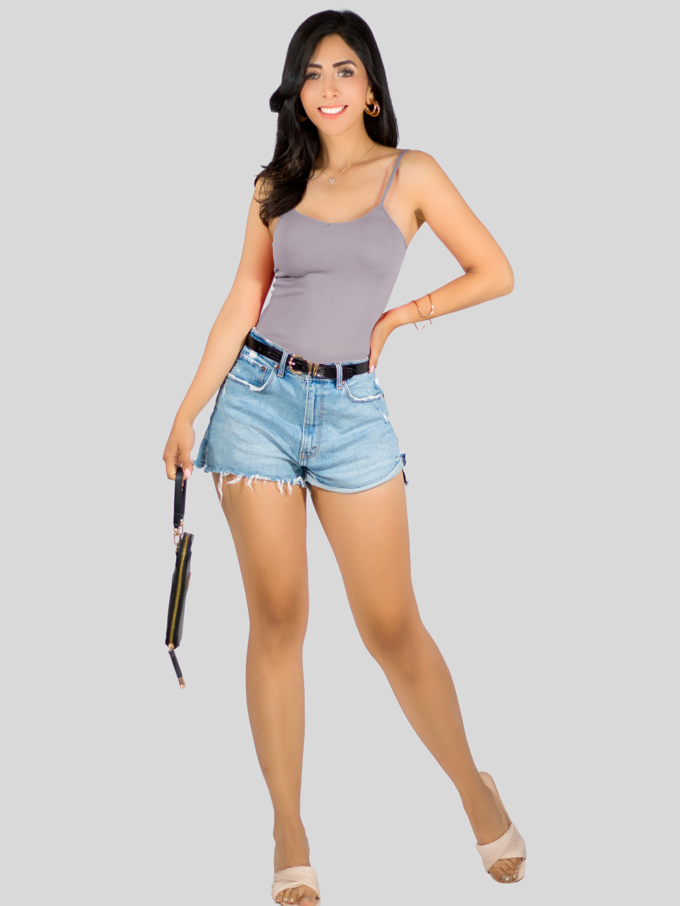 Foto 3 pulgar | Top Tank Blusa De Mujer Unitalla Canalé De Tirantes Estampado Liso Bl-1023 Gris Claro Crop Básico Varios Colores