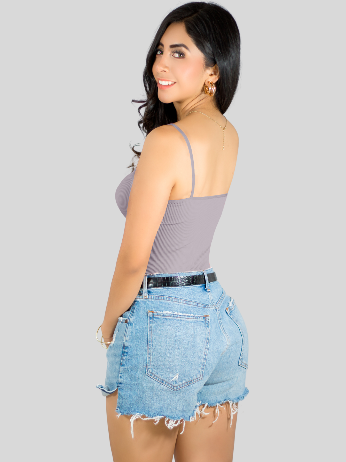 Foto 4 pulgar | Top Tank Blusa De Mujer Unitalla Canalé De Tirantes Estampado Liso Bl-1023 Gris Claro Crop Básico Varios Colores