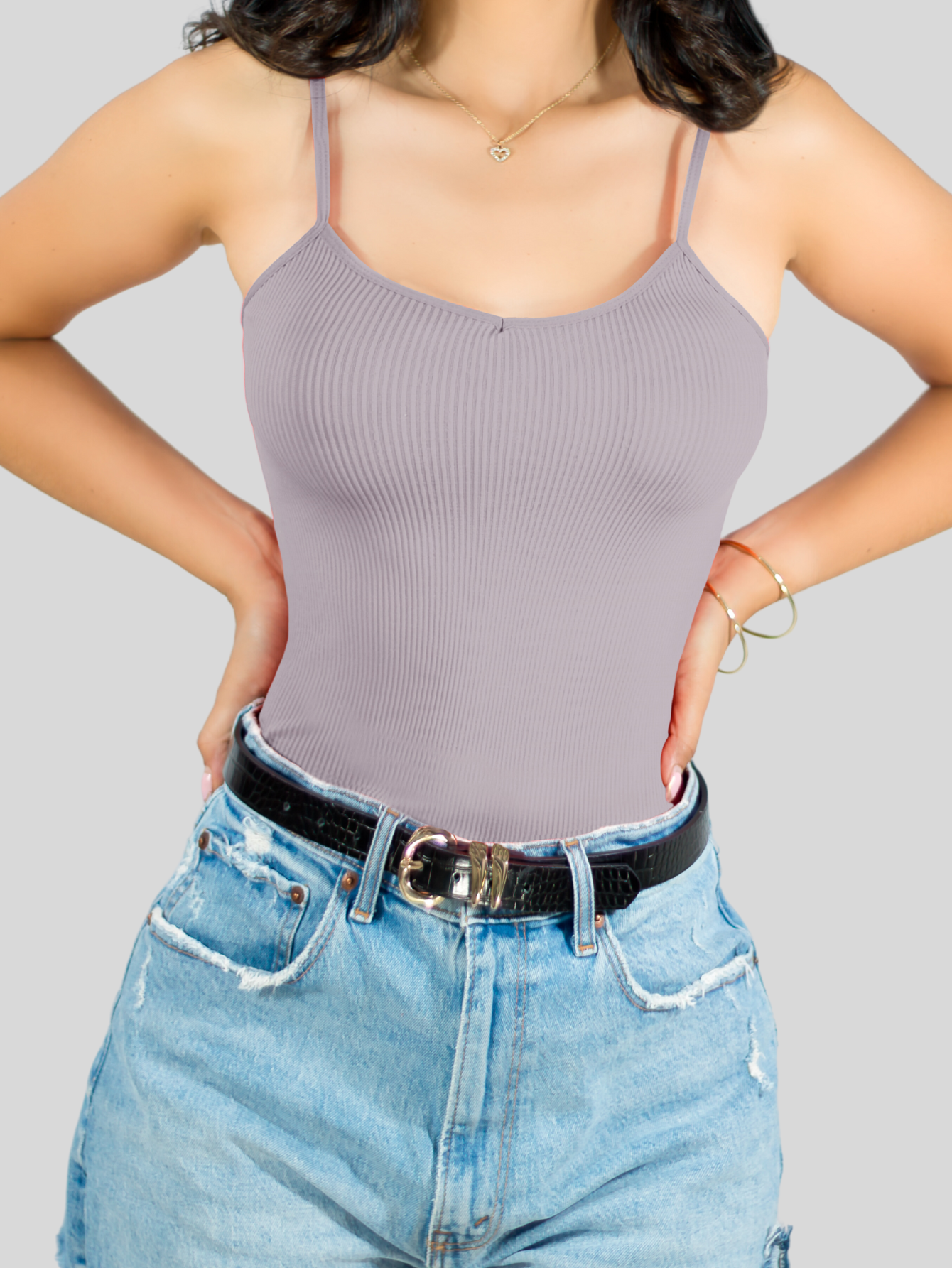 Foto 5 pulgar | Top Tank Blusa De Mujer Unitalla Canalé De Tirantes Estampado Liso Bl-1023 Gris Claro Crop Básico Varios Colores