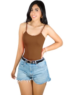 Foto 1 | Top Tank Blusa De Mujer Unitalla Canalé De Tirantes Estampado Liso Bl-1023 Cafe Crop Básico Varios Colores
