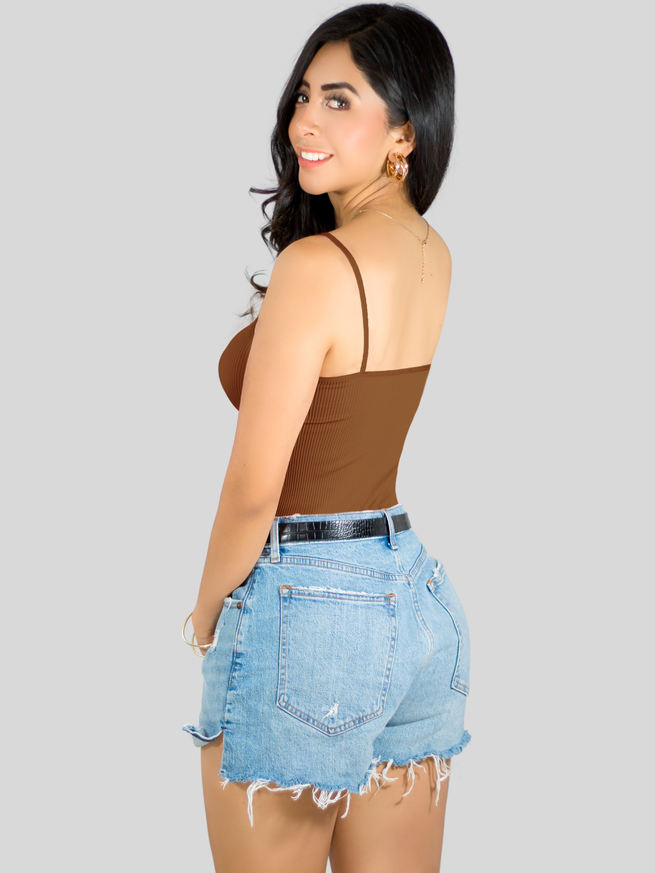 Foto 4 pulgar | Top Tank Blusa De Mujer Unitalla Canalé De Tirantes Estampado Liso Bl-1023 Cafe Crop Básico Varios Colores