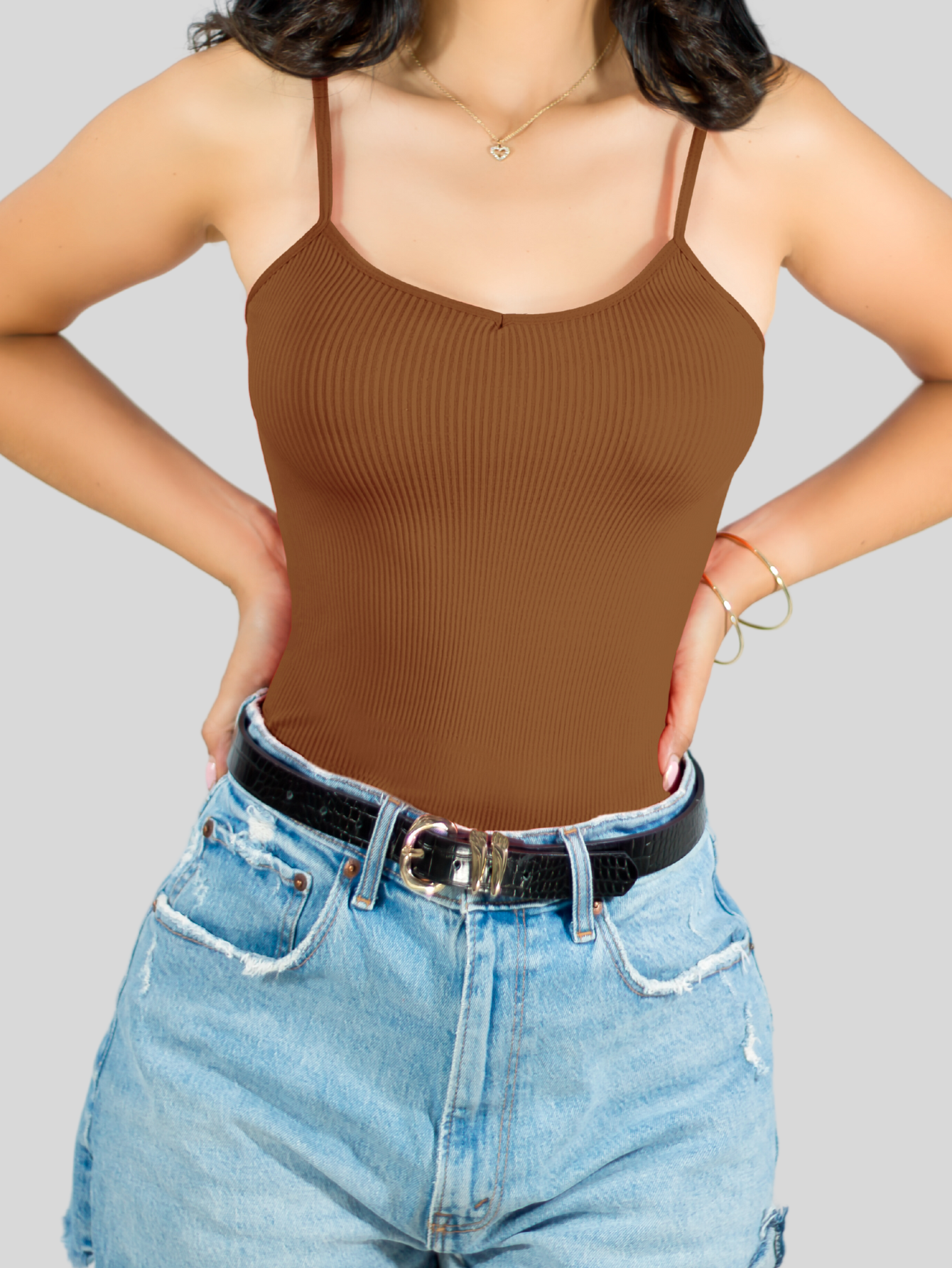 Foto 4 | Top Tank Blusa De Mujer Unitalla Canalé De Tirantes Estampado Liso Bl-1023 Cafe Crop Básico Varios Colores
