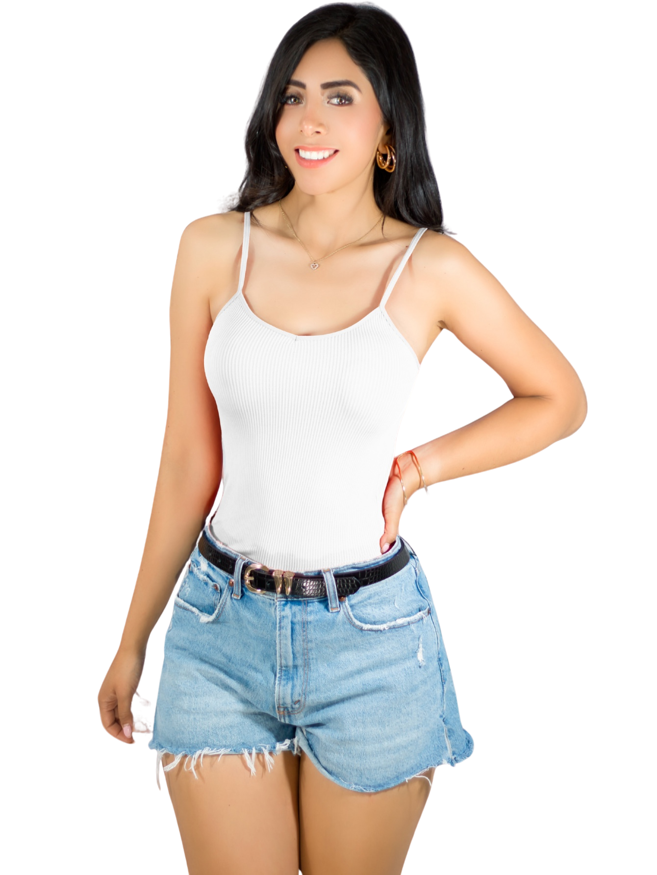Foto 2 pulgar | Top Tank Blusa De Mujer Unitalla Canalé De Tirantes Estampado Liso Bl-1023 Blanco Crop Básico Varios Colores