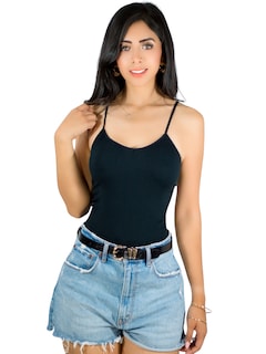 Foto 1 | Top Tank Blusa De Mujer Unitalla Canalé De Tirantes Estampado Liso Bl-1023 Negro Crop Básico Varios Colores