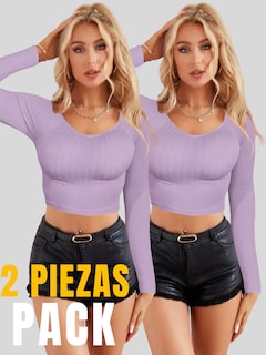 Foto 5 | Set De Dos Blusas Crop Top De Manga Larga Para Mujer Crop-05 Colores Variados Moda Canalé