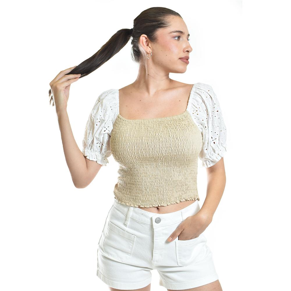 Foto 2 pulgar | Blusa Smock Con Manga Bordada Roman Fashion/juvenil, 6314 (beige) Beige