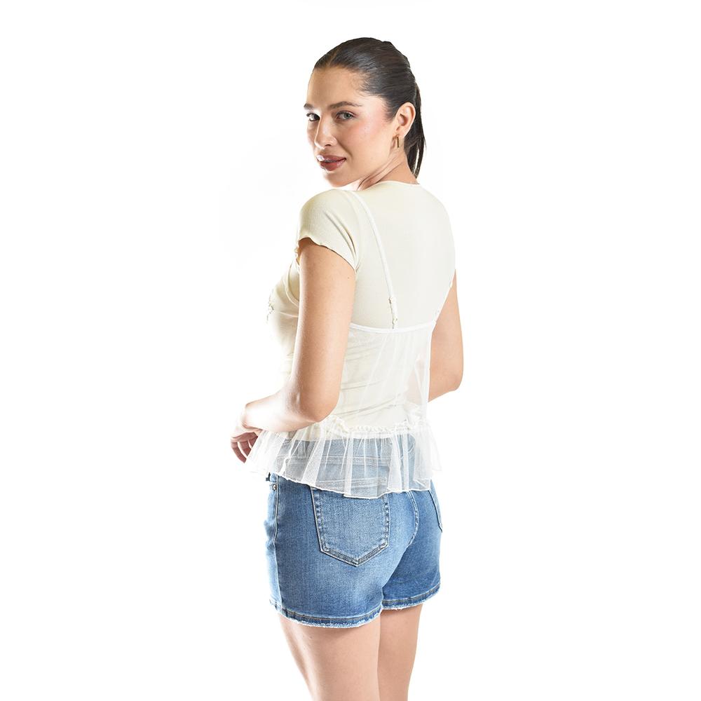 Foto 4 pulgar | Blusa Doble De Mesh Con Bordado Roman Fashion/juvenil, 2366 (beige) Beige