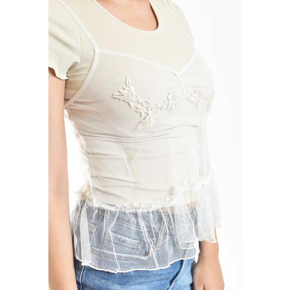 Foto 5 pulgar | Blusa Doble De Mesh Con Bordado Roman Fashion/juvenil, 2366 (beige) Beige