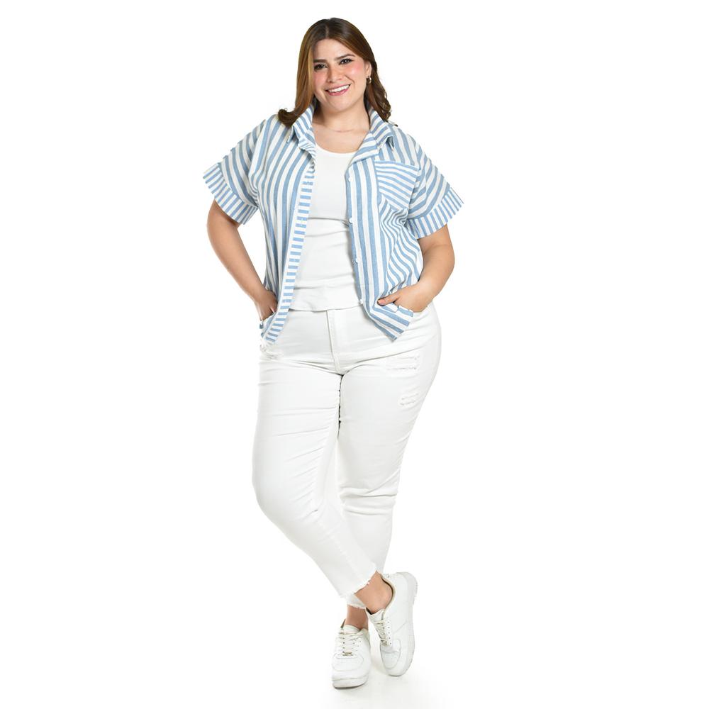 Foto 2 | Blusa De Algodon A Rayas Roman Fashion /tallas Extras, 5114 (azul Claro) Azul