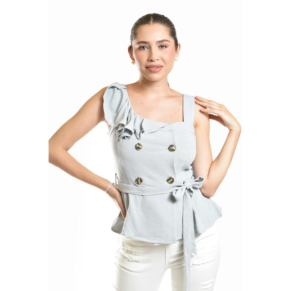 Blusa Asimétrica Con Botones Y Cinturón Roman Fashion/juvenil, 20287 (azul Claro) Azul