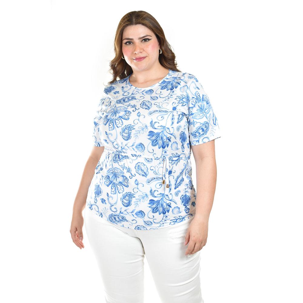 Blusa Estampada Con Cinturón Ajustable Roman Fashion/tallas Extras, 1895 (azul Rey) Azul