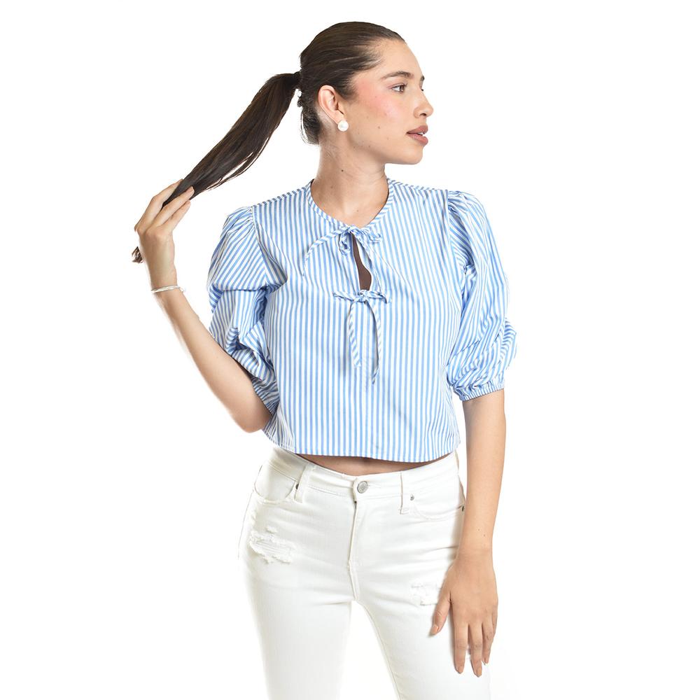 Foto 6 pulgar | Blusa Escote Con Lazos Roman Fashion /juvenil, 6944 (azul Claro) Azul Cielo