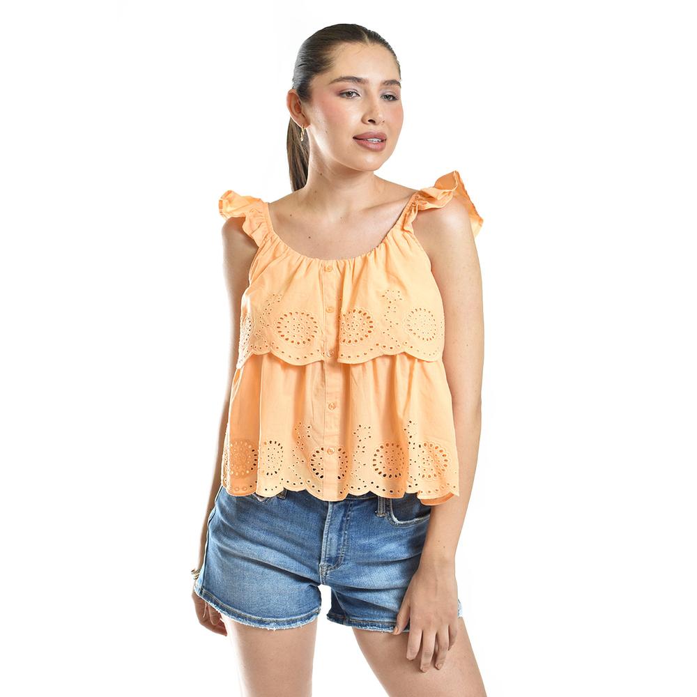 Blusa Con Bordado Y Olanes Roman Fashion/juvenil, 081 (naranja) Naranja
