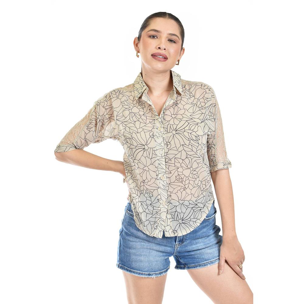 Blusa Transparente Con Encanje Roman Fashion /juvenil, 8042 (beige) Beige