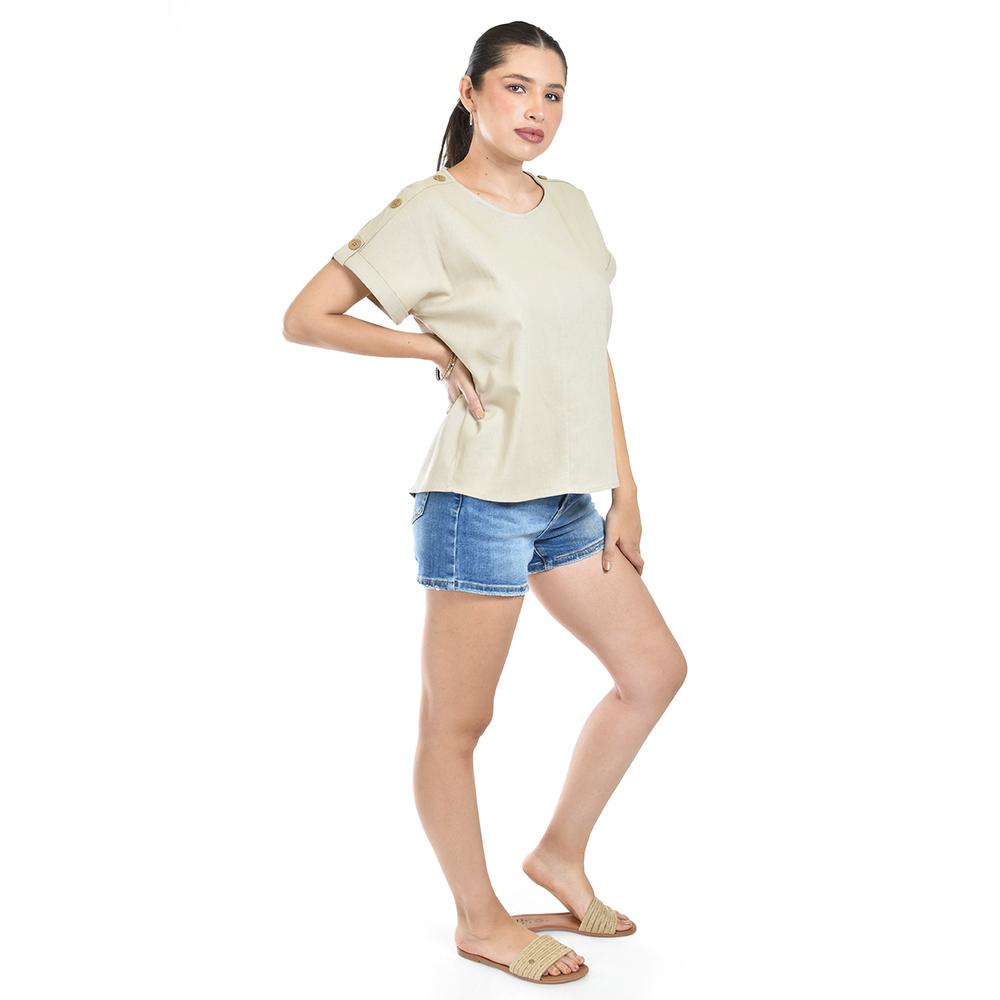 Foto 3 pulgar | Blusa De Lino Con Botones Roman Fashion /juvenil, 0320 (beige) Beige