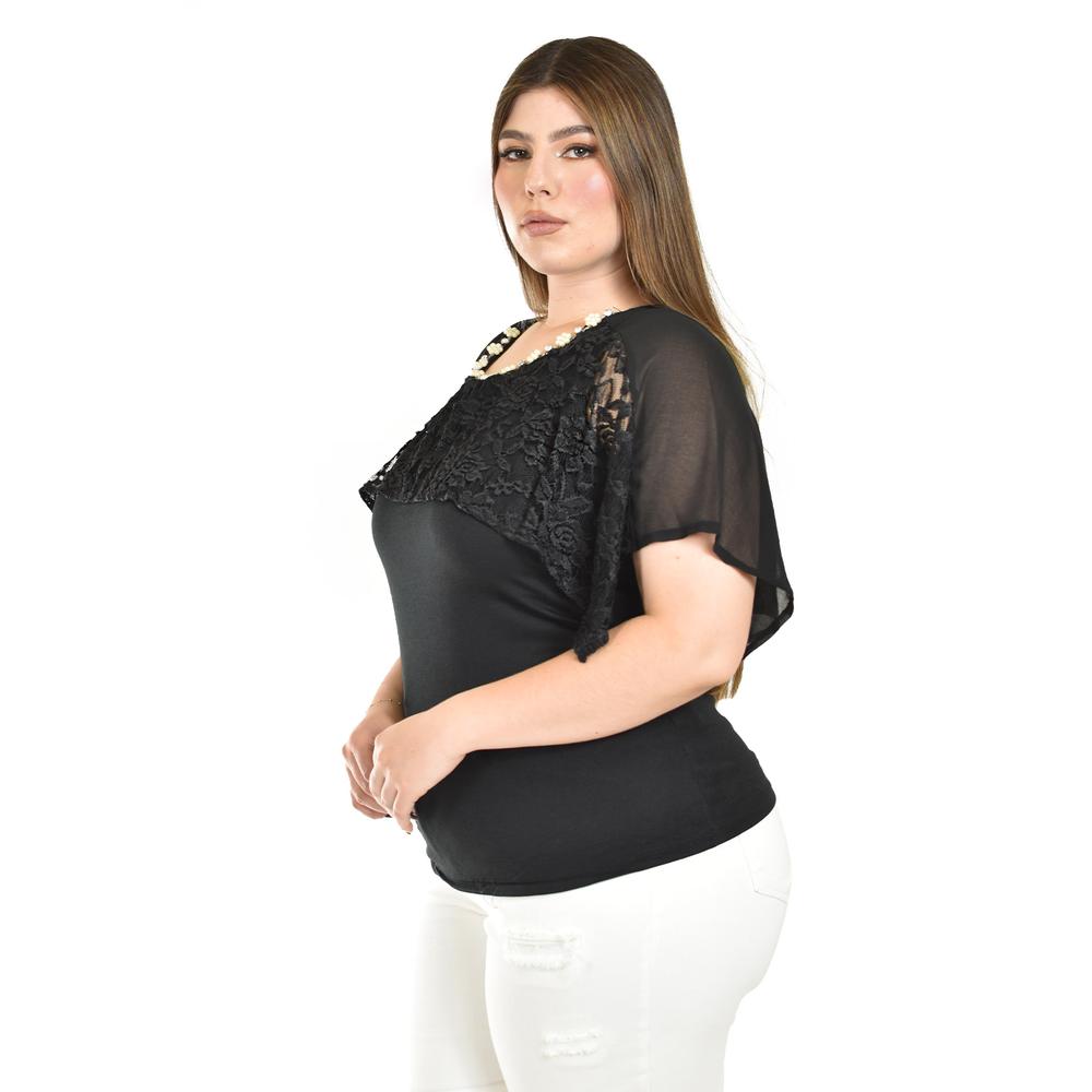 Foto 2 | Blusa Con Encaje Y Detalle De Perlas Roman Fashion /tallas Extras, 086 (negro) Negro
