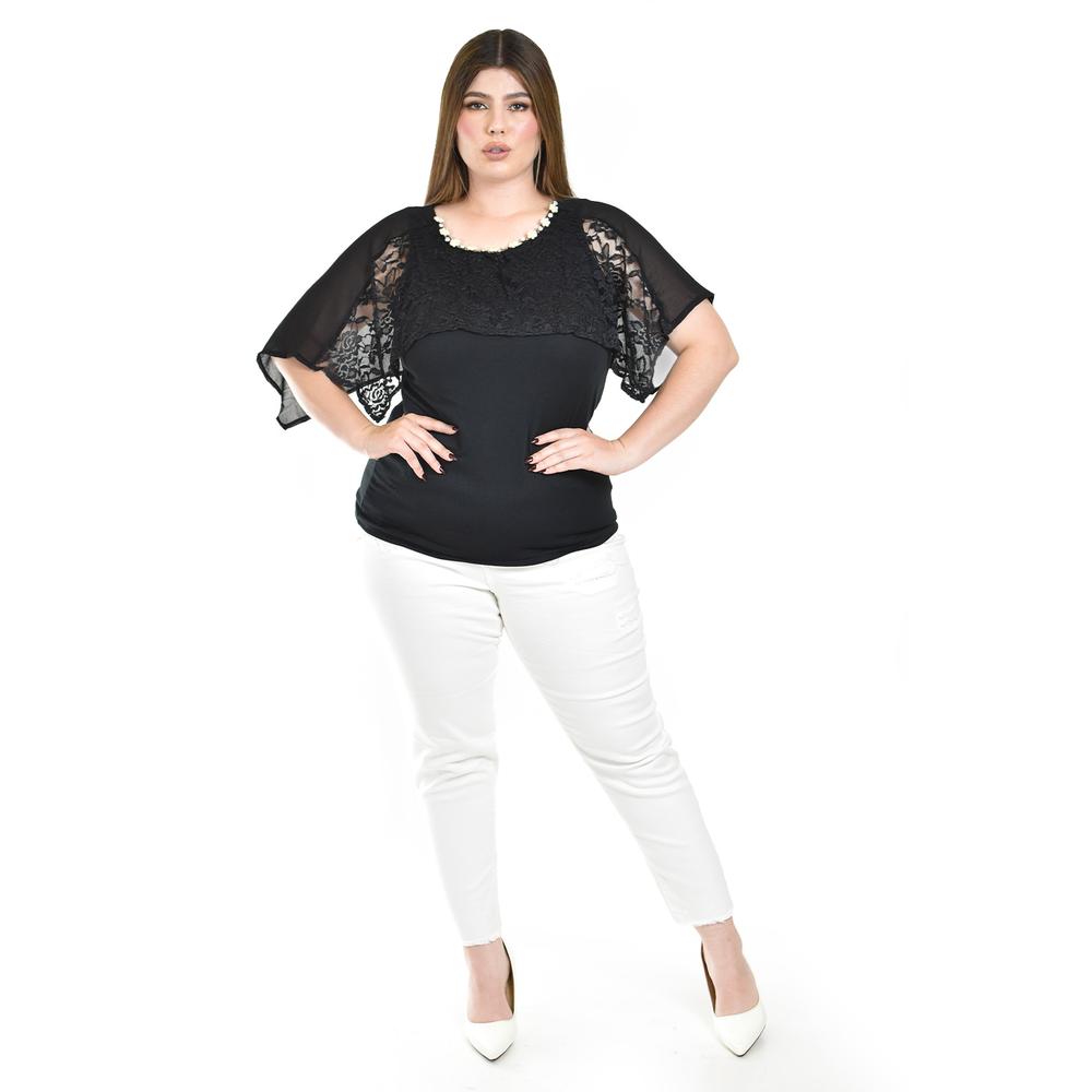 Foto 4 | Blusa Con Encaje Y Detalle De Perlas Roman Fashion /tallas Extras, 086 (negro) Negro