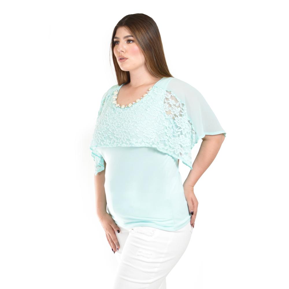 Foto 3 pulgar | Blusa Con Encaje Y Detalle De Perlas Roman Fashion /tallas Extras, 086 (menta) Verde Claro
