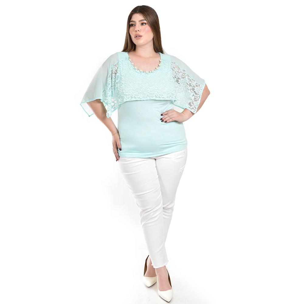 Foto 5 pulgar | Blusa Con Encaje Y Detalle De Perlas Roman Fashion /tallas Extras, 086 (menta) Verde Claro